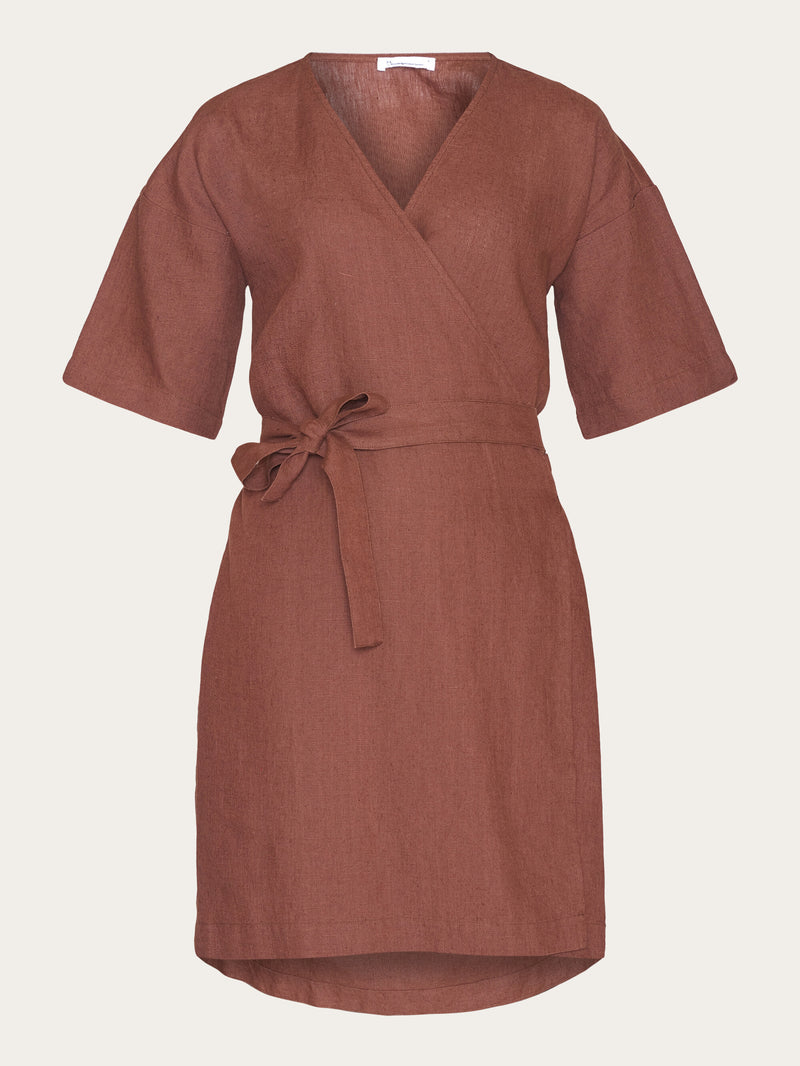 KnowledgeCotton Apparel - WMN Linen short sleeved wrap dress - GOTS/Vegan Dresses 1441 Tiramisu