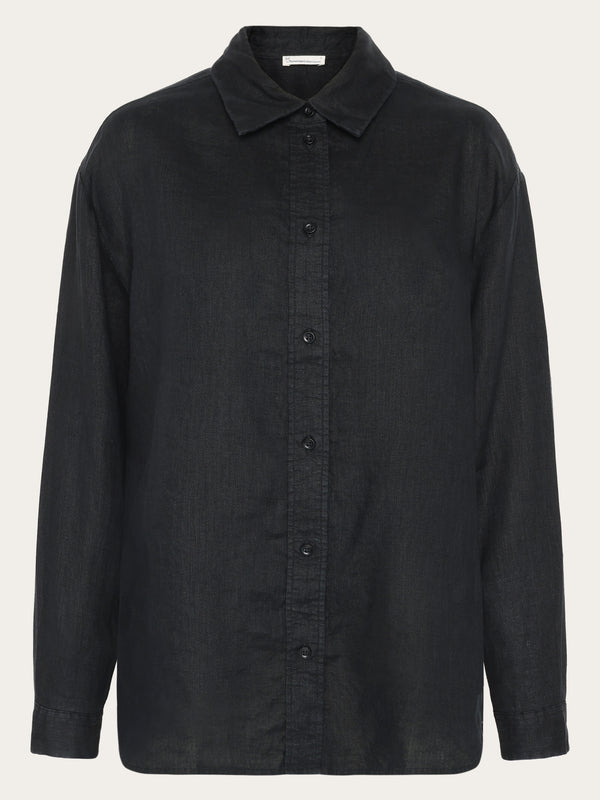 KnowledgeCotton Apparel - WMN Loose linen long sleeved shirt - GOTS/Vegan Shirts 1300 Black Jet