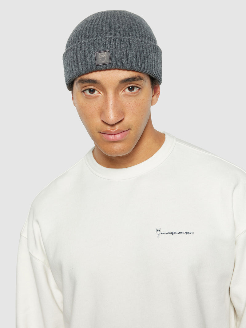 KnowledgeCotton Apparel - UNI Low wool rib beanie Hats 1073 Dark Grey Melange