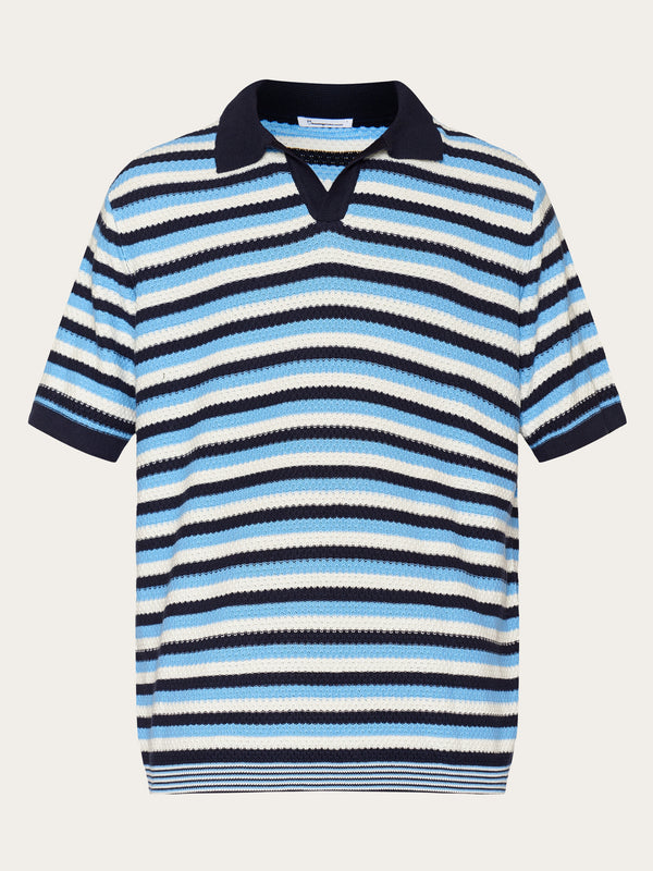 KnowledgeCotton Apparel - MEN Organic Cotton Striped Knitted Polo GOTS/Vegan Polos 8021 Blue stripe